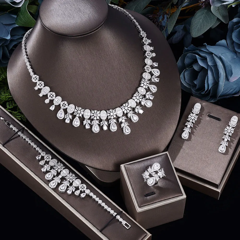 

Luxury African Nigerian Wedding Party Bridal Jewelry Set White Cubic Zircon Tassel 4PCS Earrings Necklace Jewelry Sets