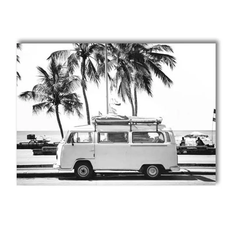 Monochrome Palm Tree and Sea Waves Beach Canvas Art - Nordic Coastal Wall Decor