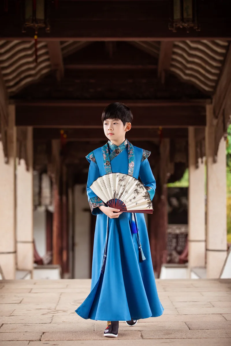 

Children Outfits Blue Floral Print Hanfu Kids Tang Suit Chinese Style Traditional Boy Vintage Clothing Set