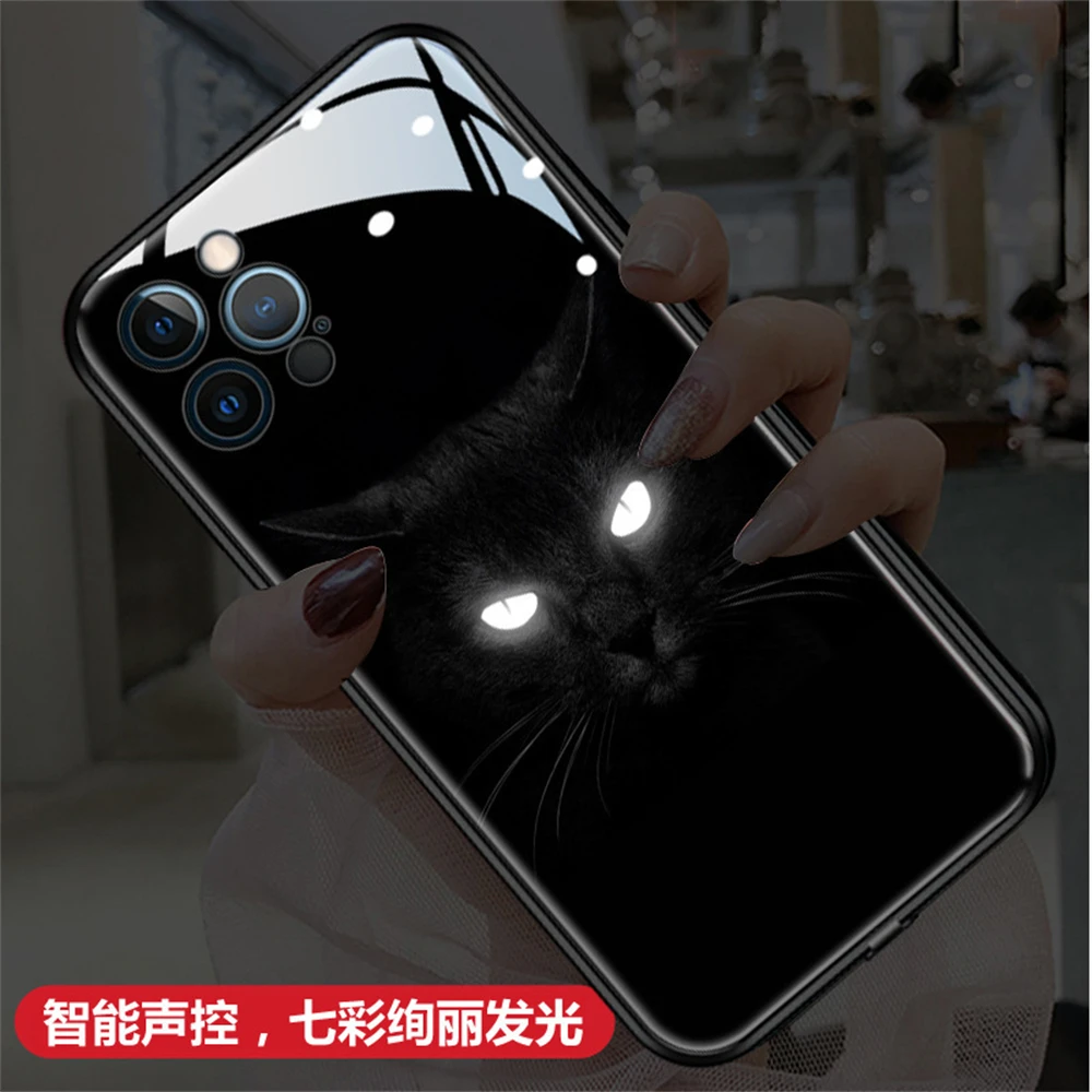 

2023 Best Seller Black Cat LED Light Up Tempered Glass Phone Cover For iPhone 15 14 13 12 11 Pro Max 8 7 6 6s Plus