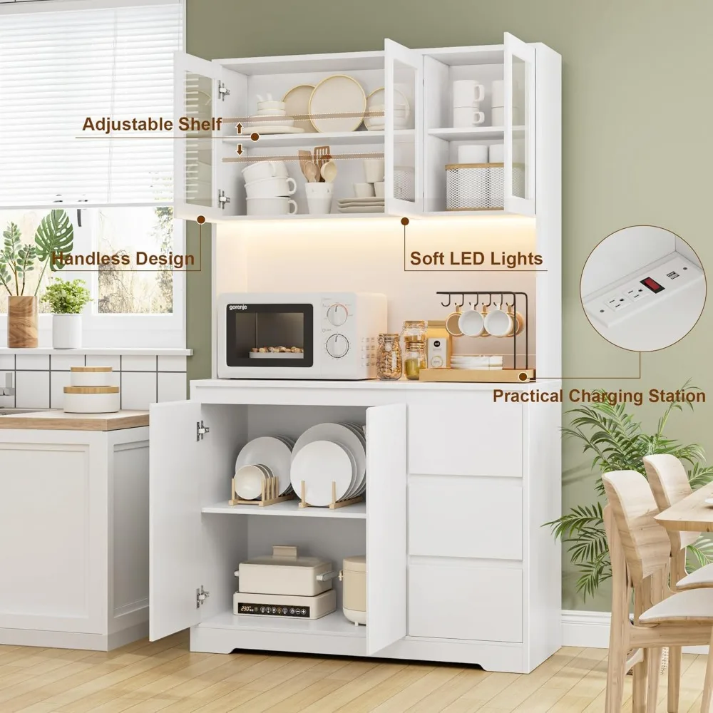 71" Kitchen Pantry Cabinet with LED Lights and Charging Station, Modern Kitchen Cabinet Hutch with Storage and Microwave