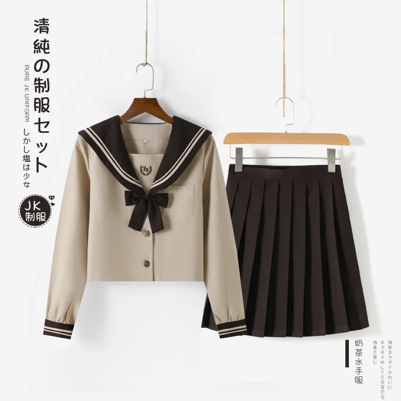 Japanese Jk Uniform Student Girl School Outfit Milk Tea Navy Feng Sailor Suit College Style Long-sleeved Jk Pleated Skirt Set japanese school uniform