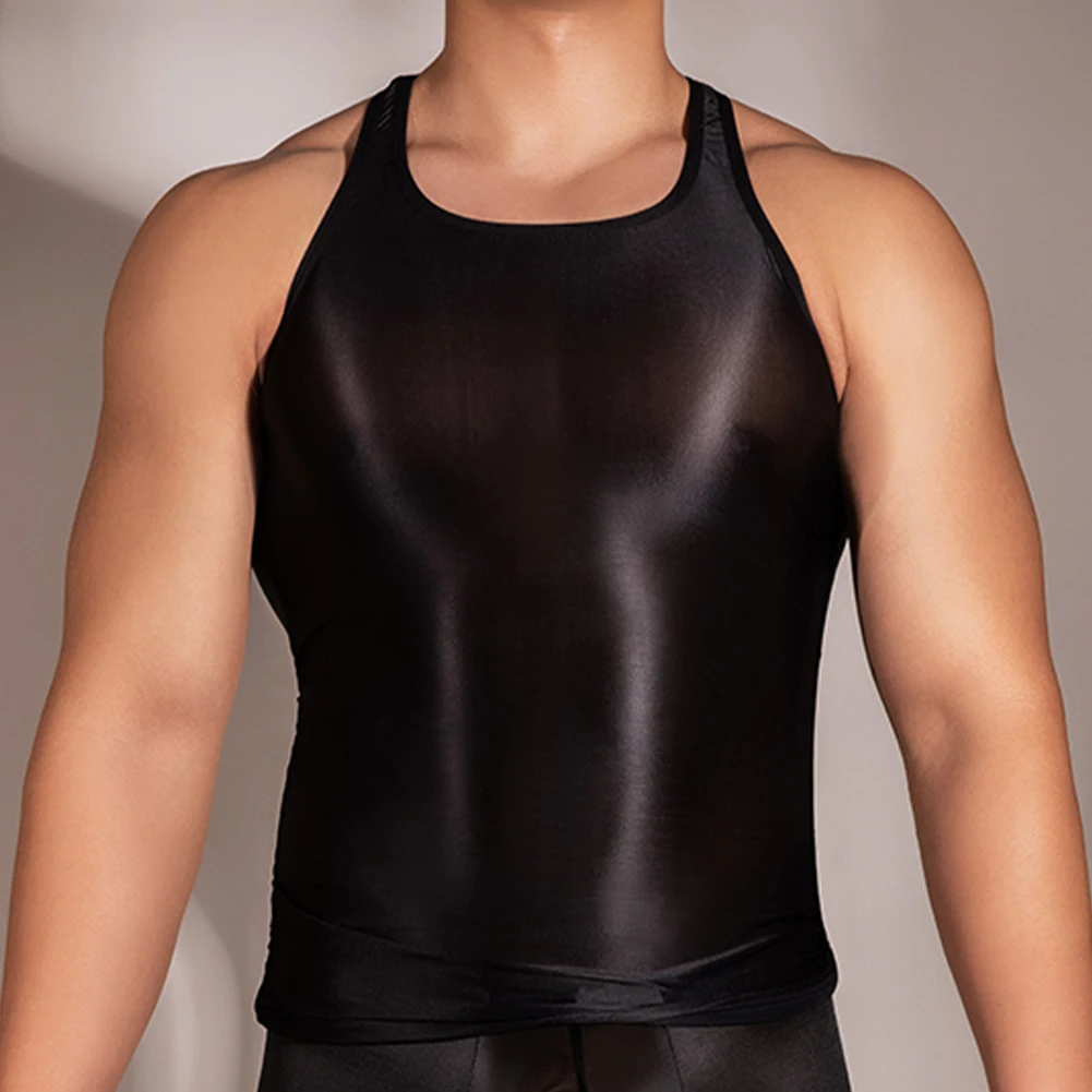 

Men Oil Glossy Tank Top Sexy Muscle Vest Male Smooth Sleeveless Undershirts Gym See Through Yoga Tee Shirts Elastic Singlets