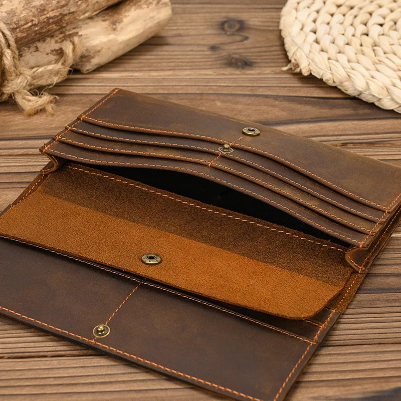 Crazy Horse Leather Long Wallet for Men with Multiple Card Slots, Coin Pocket, and Phone Holder