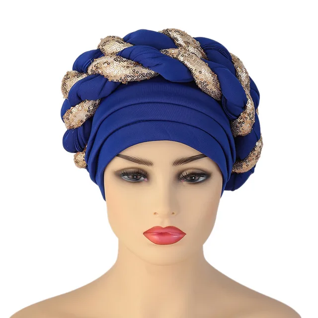 Turbans for Women Pleated Beanie Headwrap African Hat Arab Wrap Muslim Scarf Hijabs Hair Aso Oke Auto Gele Readymade to Wear Cap 022