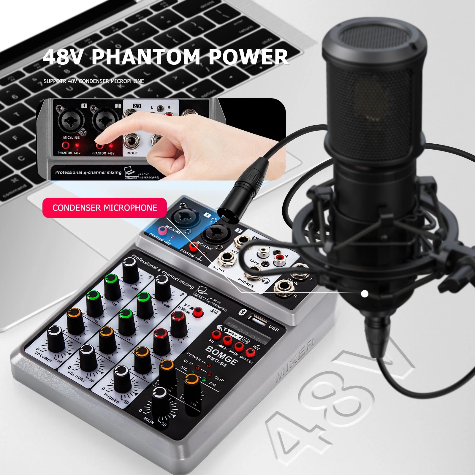 Professional 4 5 channels Audio mixer portableDJ karaoke Mixing Console With USB Interface Sound Card BT 48V PC MP3 DJ Recording audio mixer