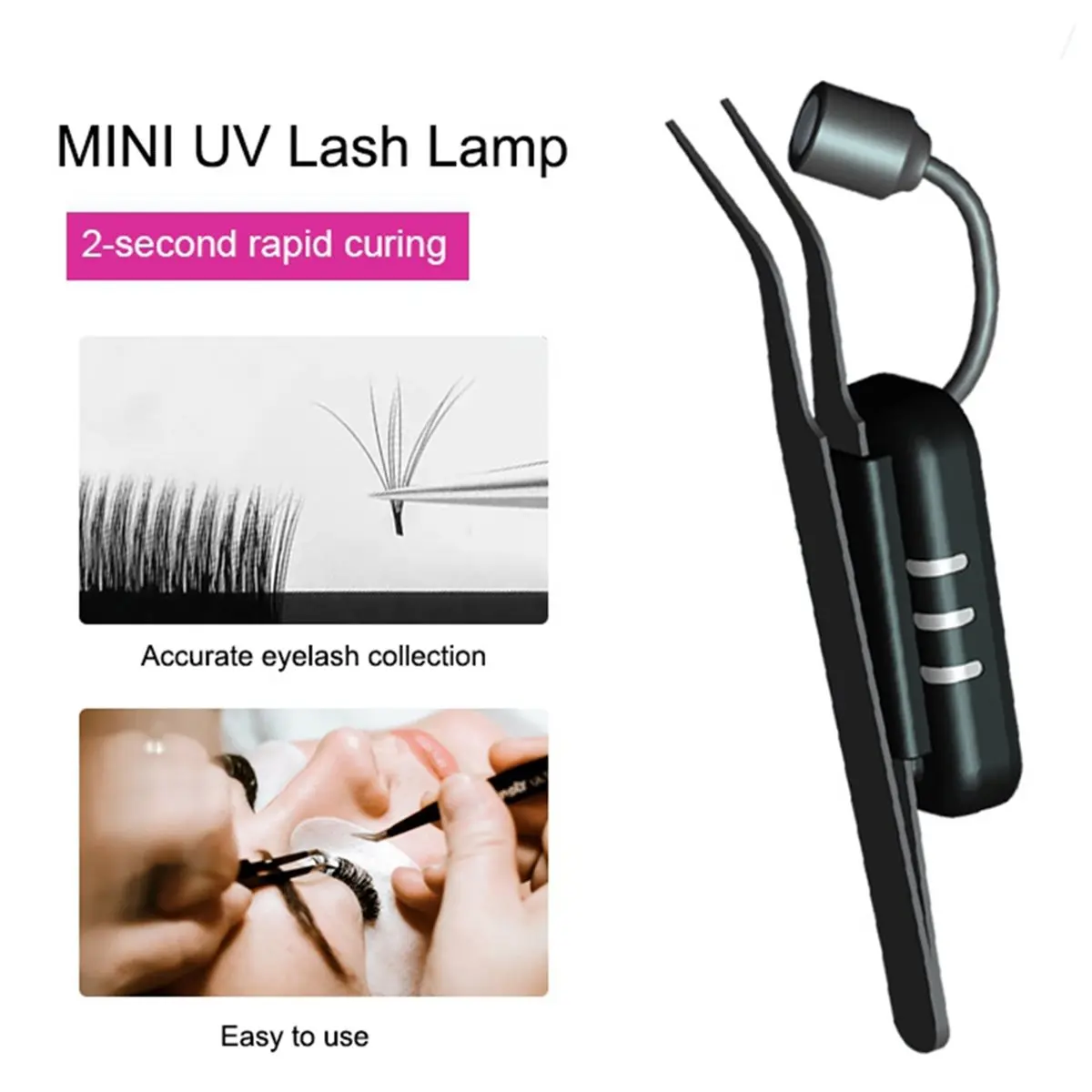 A10R 1W LED 속눈썹 핀셋(UV 라이트 포함), 터치 스위치 속눈썹 연장 램프, 속눈썹 연장용 빠른 경화 접착제(미국 플러그)