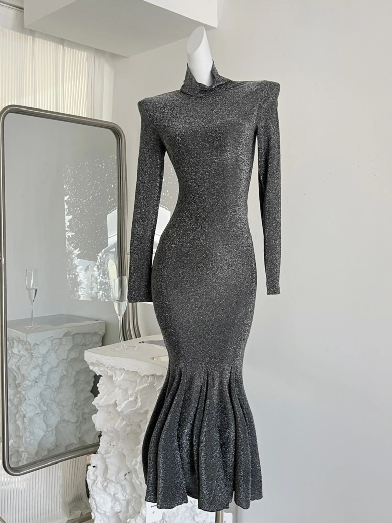 

Sexy Bodycon Mermaid Long Dress Spring Autumn Elegant Turtleneck Wedding Runway Party Robe Women Vintage Graduation Dresses