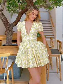 YENKYE New Women Vintage Puff Short Sleeve V Neck Yellow Floral Print Dress Pleated Hem Female Holiday Summer Mini Robe 1