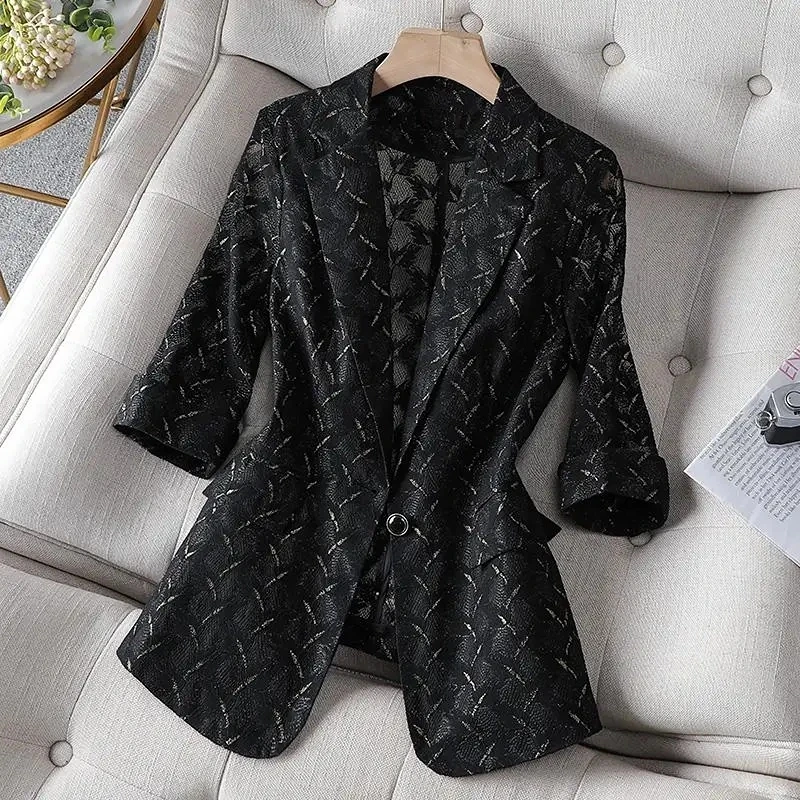 

2023 Summer New Lace Short Thin Hollow Outside Cardigan Suit Jacket Jacket Women White Blazer Women Woman Office Hollow Out