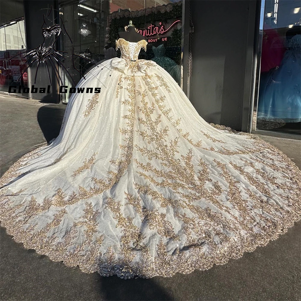 

Мексиканское платье Quinceanera с открытыми плечами 2023, корсет с аппликацией, платье для дня рождения, выпускного вечера, бальное платье с бахромой, милое бальное платье 16