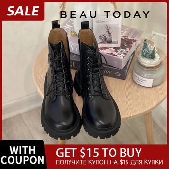BeauToday Ankle Boots Women Platform Cow Leather Round Toe Lace-Up Zipper Closure Autumn Winter Shoes Thick Sole Handmade 04420
