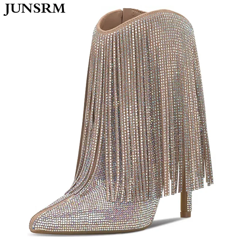

New Women Shoes Pointed Toe Thin Heel Side Zip Fashion Stage Sexy Rhinestone Tassel Boots All-match Glittering Crystals Booties
