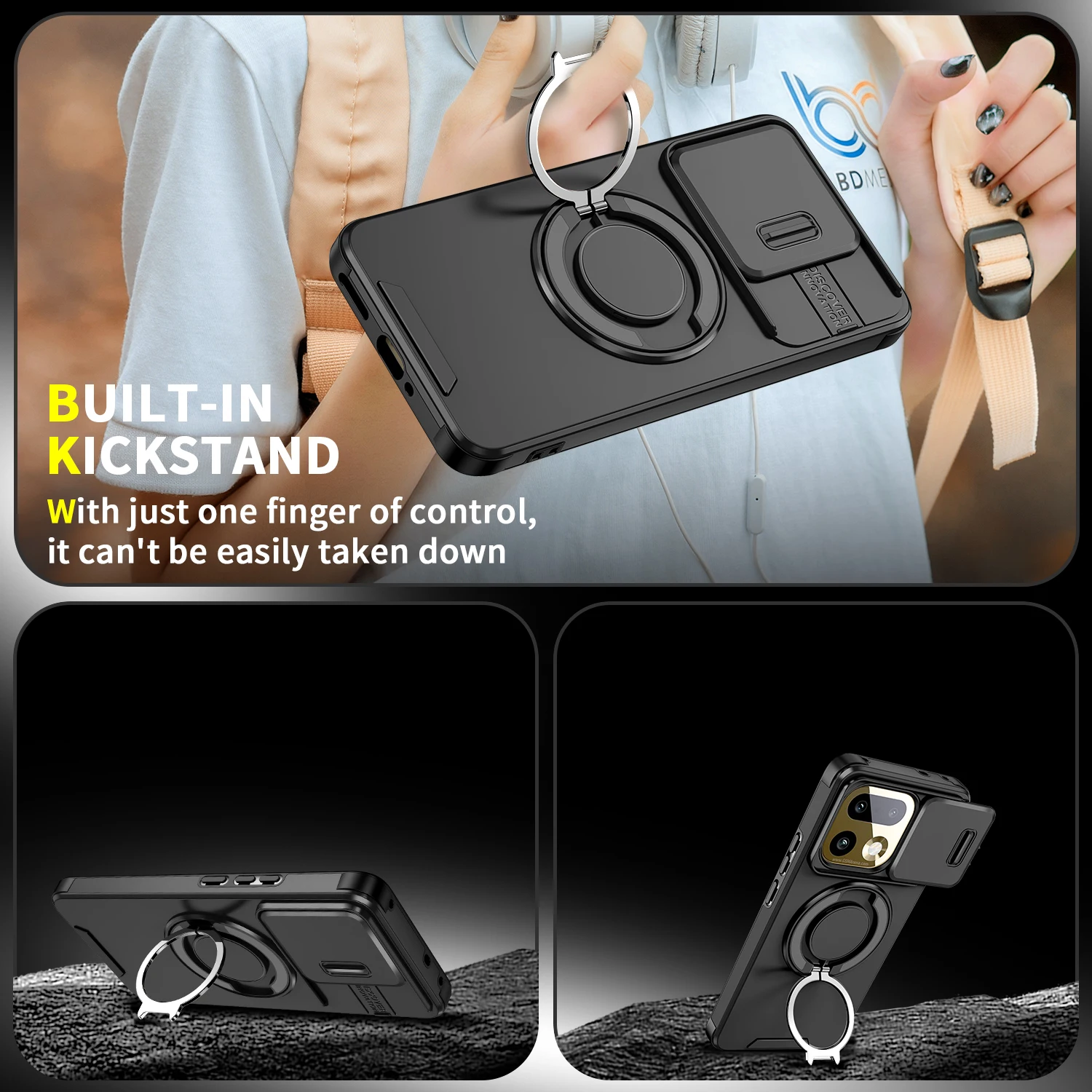 Enhanced Shockproof Phone Case with Magnetic Ring Stand and Slide Camera Lens Protection