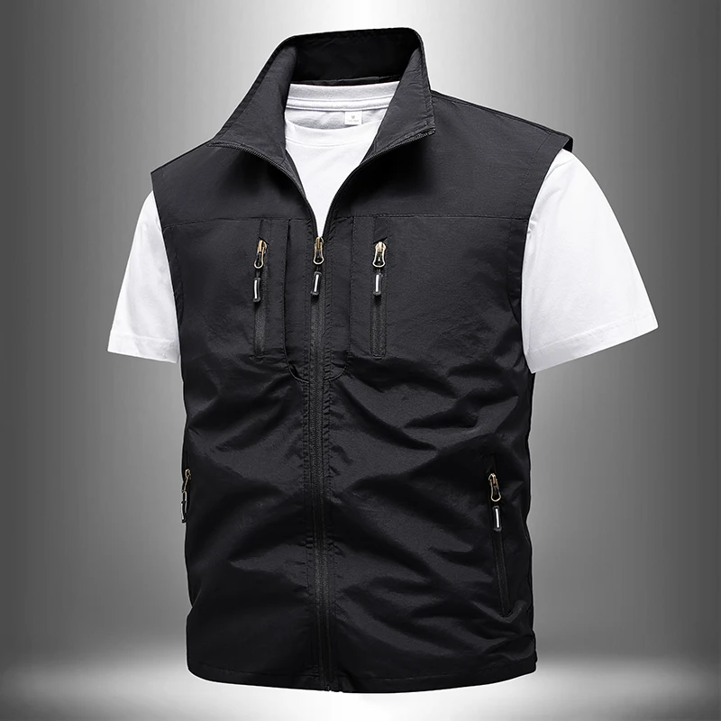 2024 New Summer Men's Tank Top Casual Fashion Multi Pocket Solid Color Sleeveless Jacket Men's Zipper Regular Work Waistcoat
