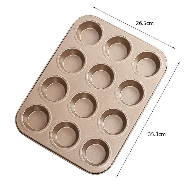 12 Holes Cupcake Baking Tray Non-Stick Steel Muffin Cake Mould Round Pudding Cookies Pan Biscuit Baking Sheet Baking Supplies