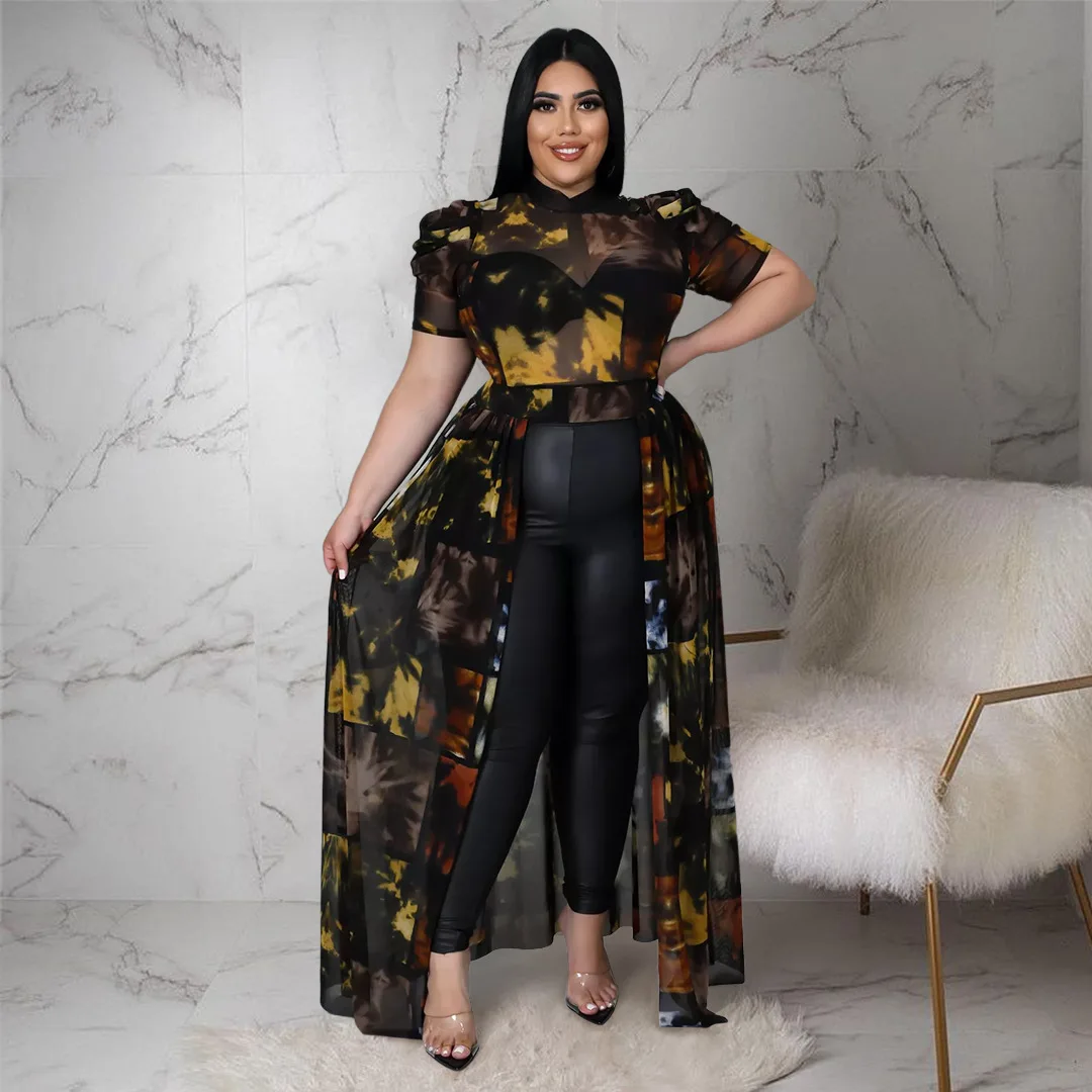 

Plus Size Sheer Elegant Dress Female Puff Sleeve Crop Top Luxury Dinner Evening Long Robe Women Mesh Print Pretty Party Dress