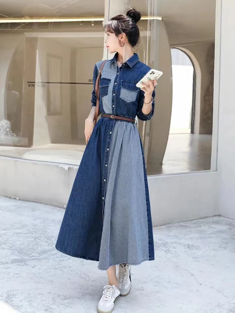 

Long Sleeve Denim Dress Women Single-breasted Striped Stitching Jeans Shirt Dresses Korean Fashion Spring Autumn Long Dress