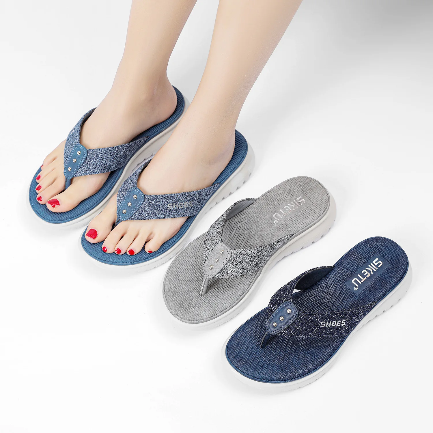 SIKETU Brand Summer Fashion Simple Flip Flops Women Wedge Clip Toe Shoes Leisure Slides Blue Lightweight Comfortable Waterproof 4