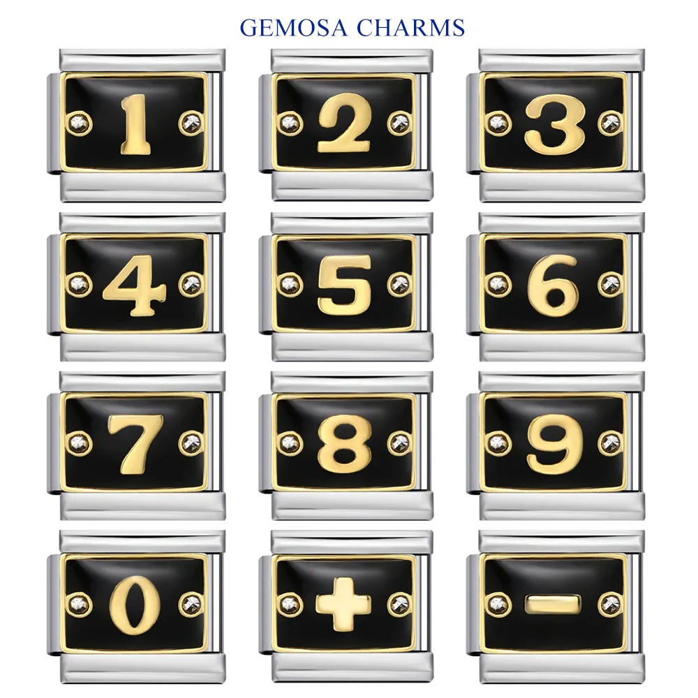 GEMOSA Black Glaze Intarsien Zirkonia Gold Farbe Figur Nummer Italienische Charm Links Fit 9mm Edelstahl Armband DIY Schmuck – Detail 2