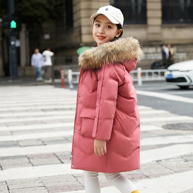 

2023 Winter Girls Fashion Fur Hooded Down Jacket Baby Kids Children Thick Warm Coat Outerwear Seven Colors