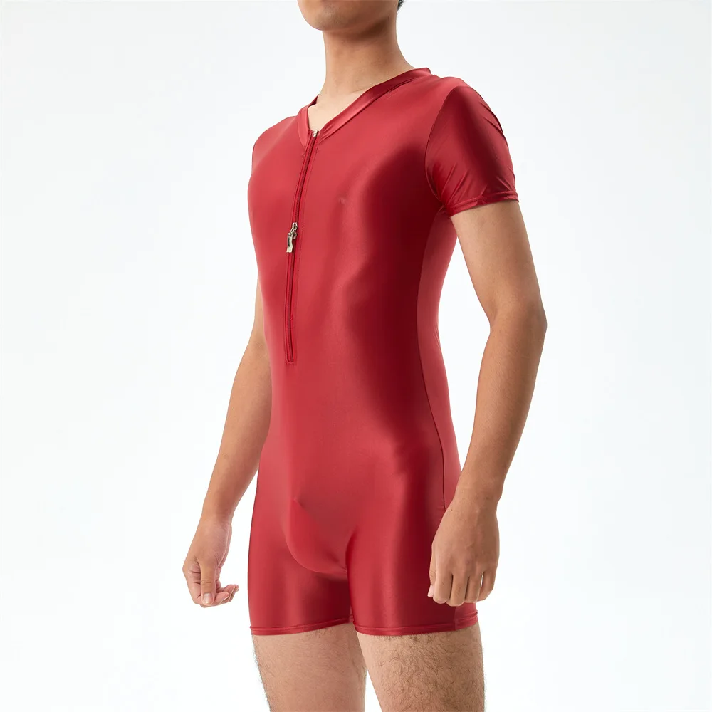 Mens Glossy See Through Zipper Satin Sexy Bodycon Playsuit Romper Short Sleeve Swimwear Suit Outfit Streetwear Jumpsuit