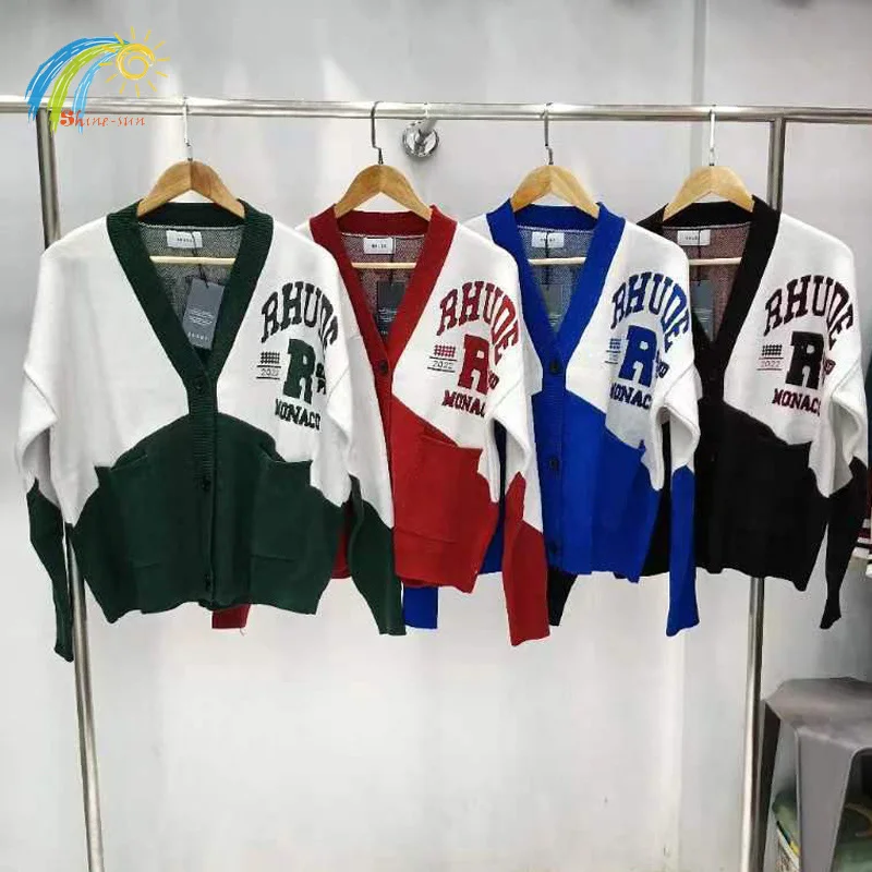 

Red Green Black Blue Colorblock Rhude V-Neck Knitted Cardigan Men Women High Quality Logo Jacquard Rhude Sweater Inside Tags