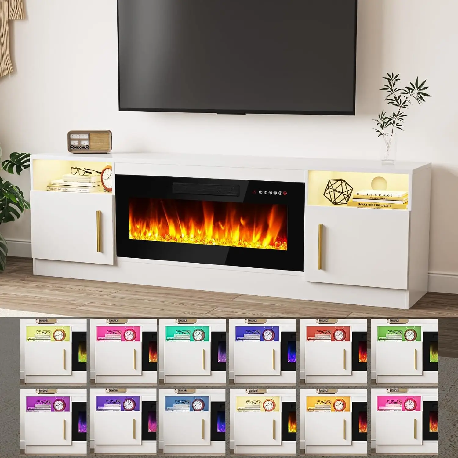 TV Stand Entertainment Center w/ 36" Fireplace,Media TV Console with High Gloss Storage Cabinet & 16 Colors LED Lights (White) 6