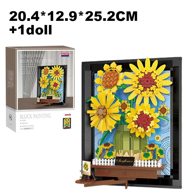 Creative Van Gogh Sunflower Painting Bouquet Building Blocks Sun