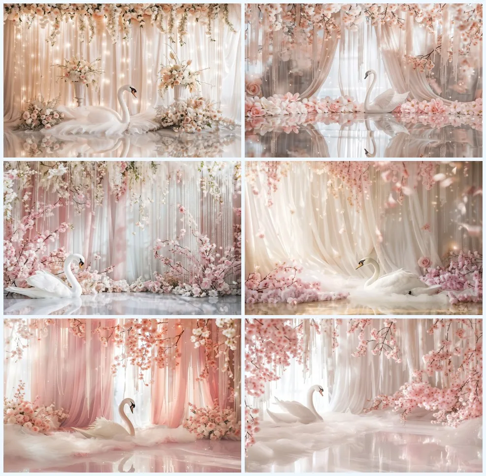 

Avezano Backdrop Pink Curtain Flowers Swan Photography Background Indoor Wedding Girl Birthday Pregnancy Photo Decor Banner