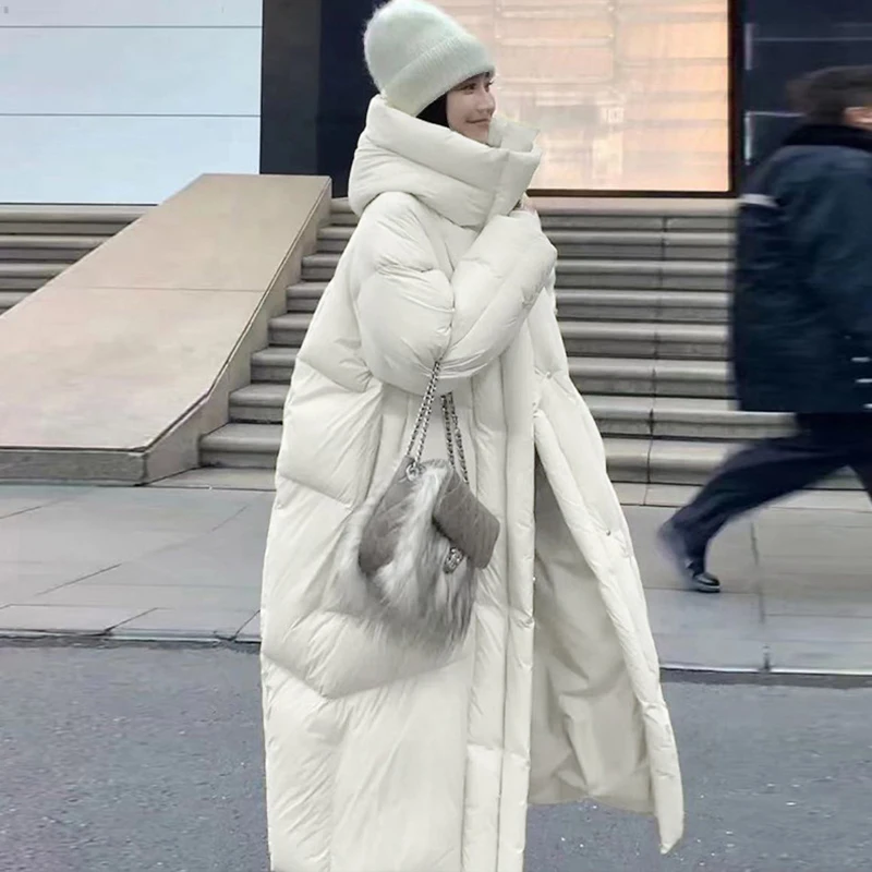 Winter Hooded Solid Long Down Jacket Women White Duck Down Loose Knee Length Down Jacket Female Thick Warm Outdoor Parka Outwear