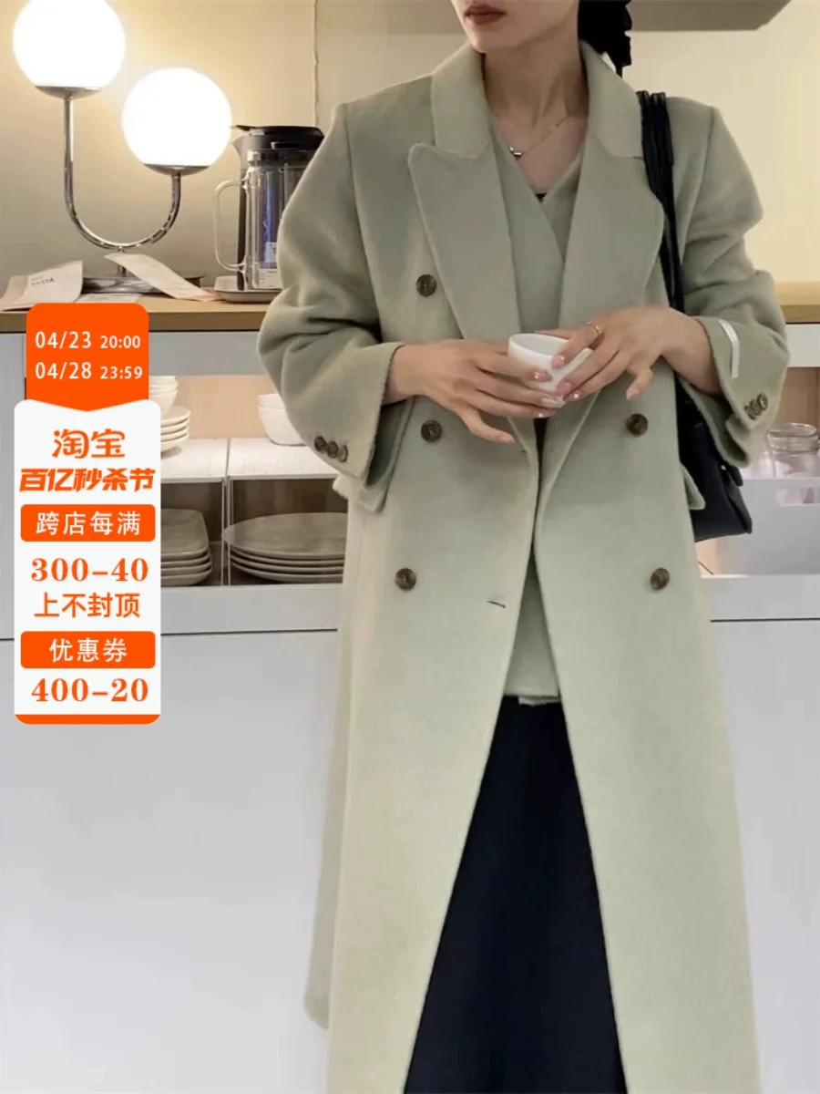 

Two piece vest set with hand sewn double-sided cashmere coat for women's medium length woolen jacket