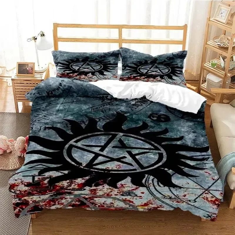 NICHIYO Supernatural Season Duvet Cover Sets, Duvet Cover and Pillowcase Microfibre 3D Digital Print Three-Piece Bedding (Duvet Cover Pillowcases, 3, Double 200 x 200 cm