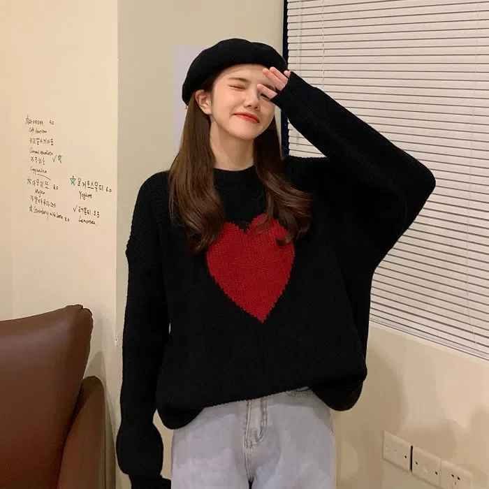 αγάπη πουλόβερ γυναικεία μόδα στρογγυλή λαιμόκοψη χρώμα μπλοκ μακρυμάνικο πουλόβερ πουλόβερ φαρδύ πλεκτό ευέλικτο τοπ υπερμεγέθη πουλόβερ