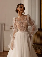 Shiny High Collar Long Sleeve Wedding Dress Sequined Beads Bride Robe Graceful Appliques Bridal Gown Customized Robe De Mariée 2