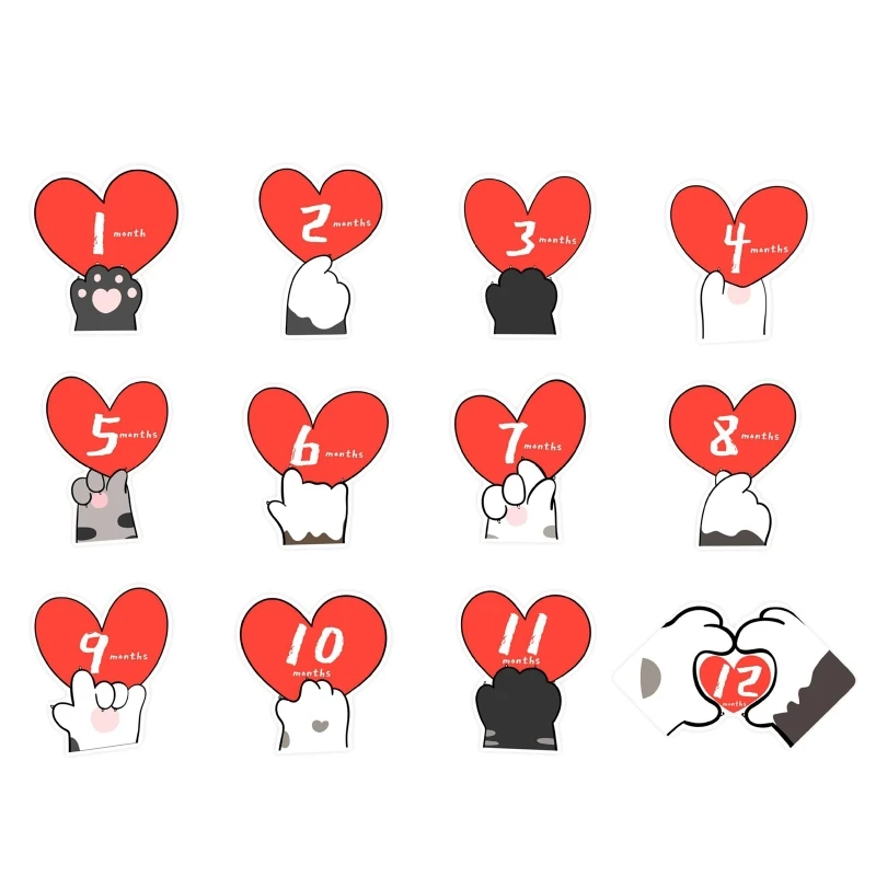 

12Pcs Monthly Baby Milestone Stickers 1-12 Month Sticker Heart Photo Props K1KC