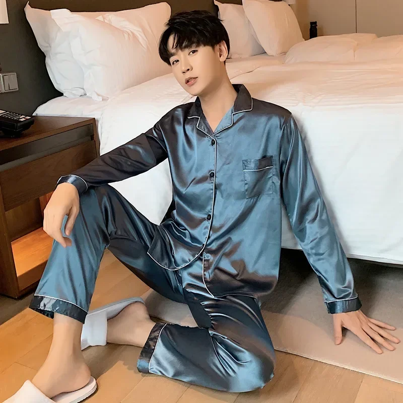 2023 Long Button-Down Pyjamas Suit Solid Color Sleepwear Silk Satin Homewear Couple Set Women Men Loungewear Plus Size Nightwear