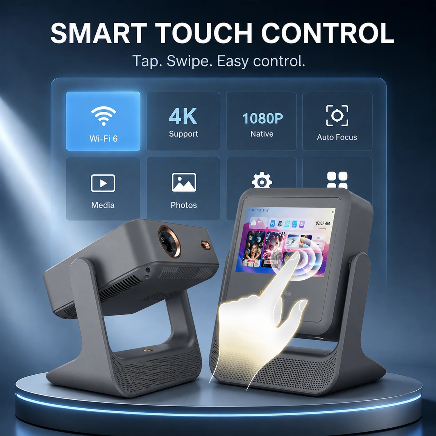 사무실 가정용 스마트 프로젝터 7인치 터치 자동 스크린 핏 180 ° 회전식 WiFi BT HDMI iOS 싱크 고급 선물 포장