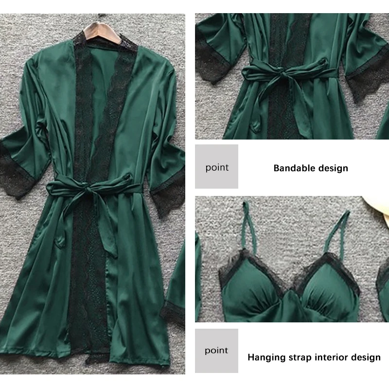 Women pajamas set 4 Pieces Sexy Lace Fashion V-Neck Gown Comfort With Chest Pads Nightdress Casual Loungew