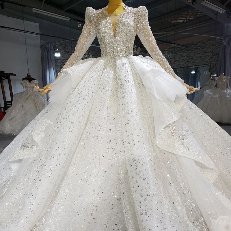 HTL2312 Ball Gown Women'S Wedding Evening Dress Crystal White Gown Appliques And Beading Long Sleeve Bride Dress beyaz elbise 3