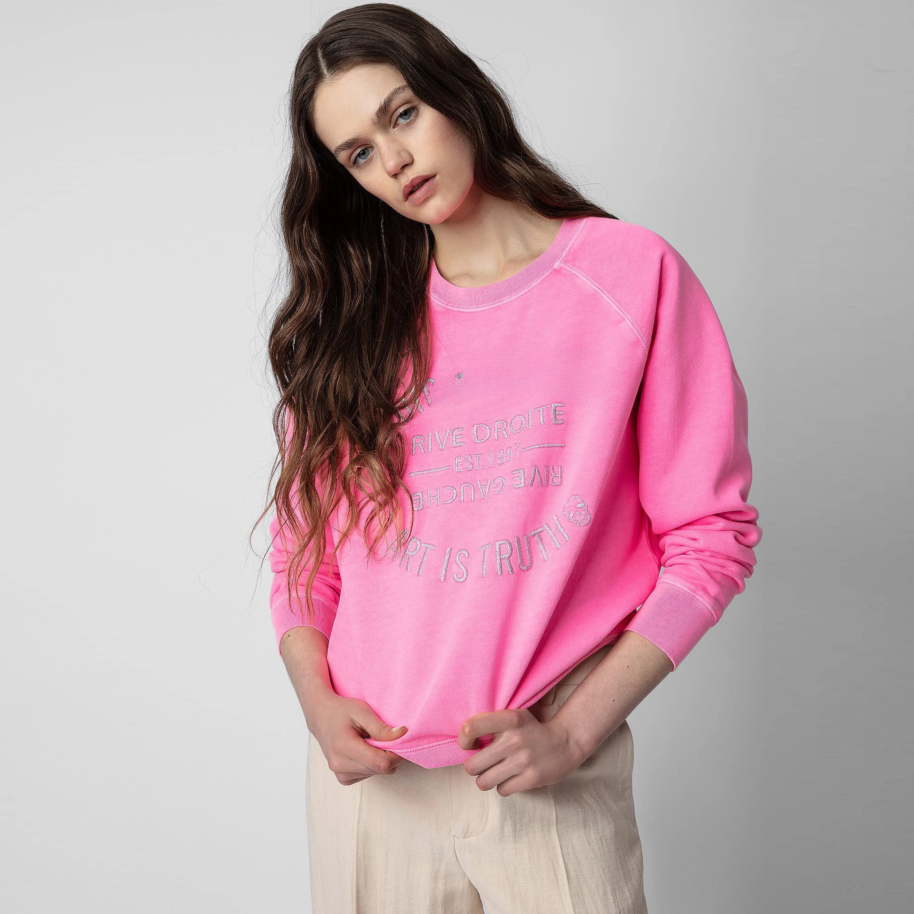

Arrival French Style ZV Classic Letter Embroidery Hoodie with Drop Shoulder Sleeves for Women, Sweatshirt in Rose Tie Dye Color