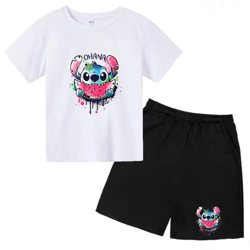 

Children's Stitch Anime T-shirt 3-12Y Boys and Girls Preschool Top+Shorts Beautiful Girls Party Charm Sports Jogging Casual Set