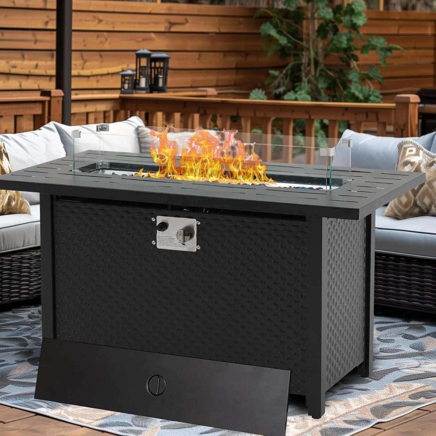 Propane Fire Pit Table, 45 Inch 50,000 BTU Square Outdoor Gas Firepit with Steel Tabletop, Glass Wind Guard, Blue Glass Stone
