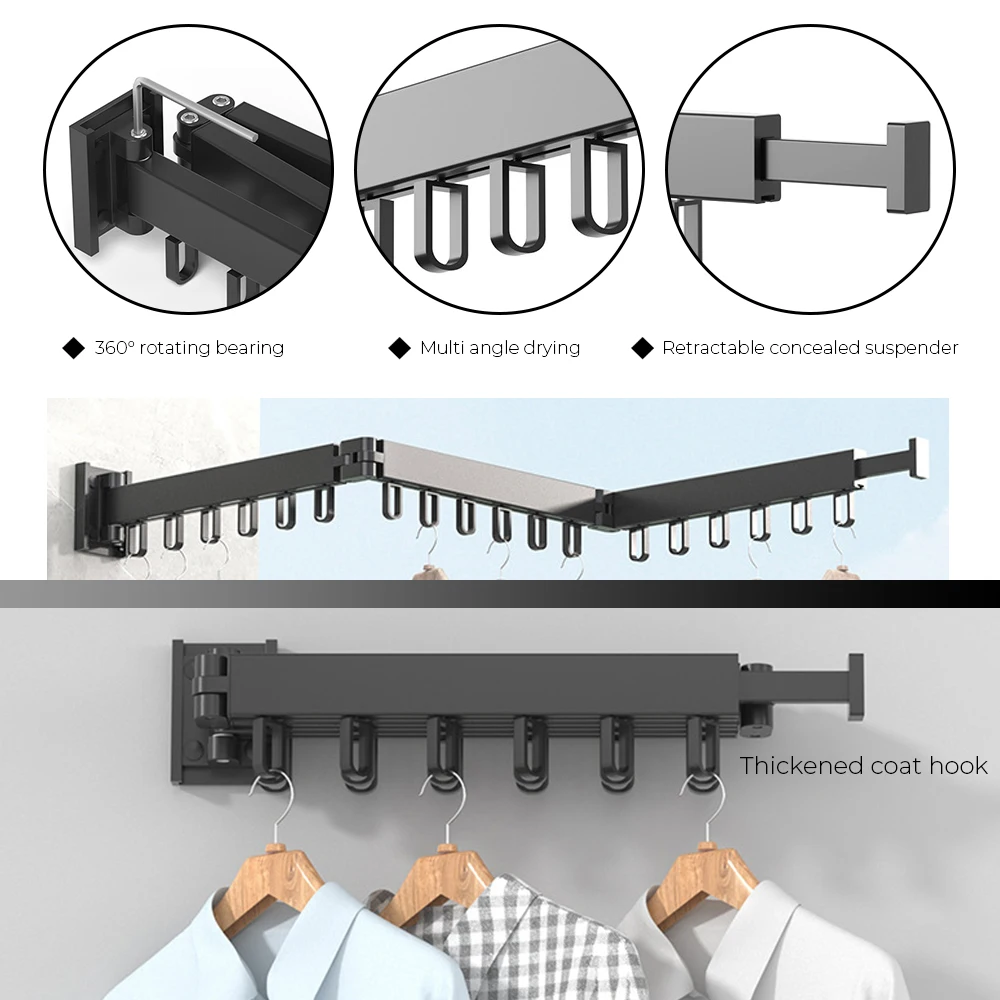 Retractable Cloth Drying Rack Folding Clothes Hanger Aluminum Indoor and Outdoor Wall Mount Space Saving 5