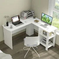 Large Modern L-shaped Computer Desk, with 2 Cable Holes and 2 Storage Shelves,Computer Desks 1