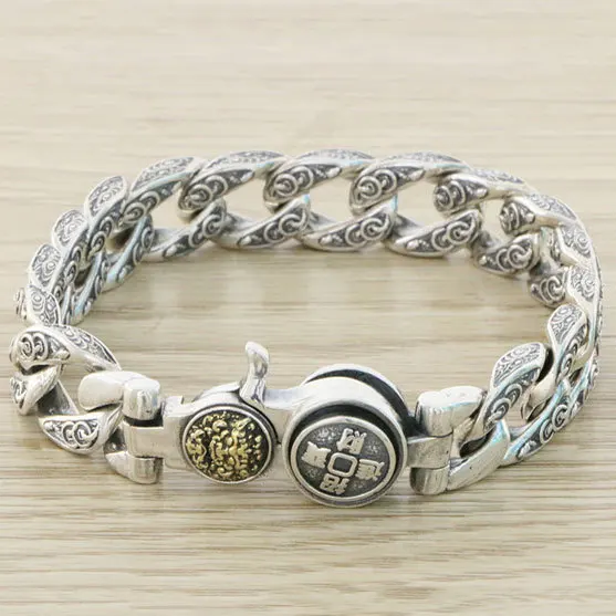 

China-Chic Handsome Punk Style Sterling Silver Tang Grass Pattern Treasure Attracting Bracelet Male Bully Thai Silver Vintage Ro