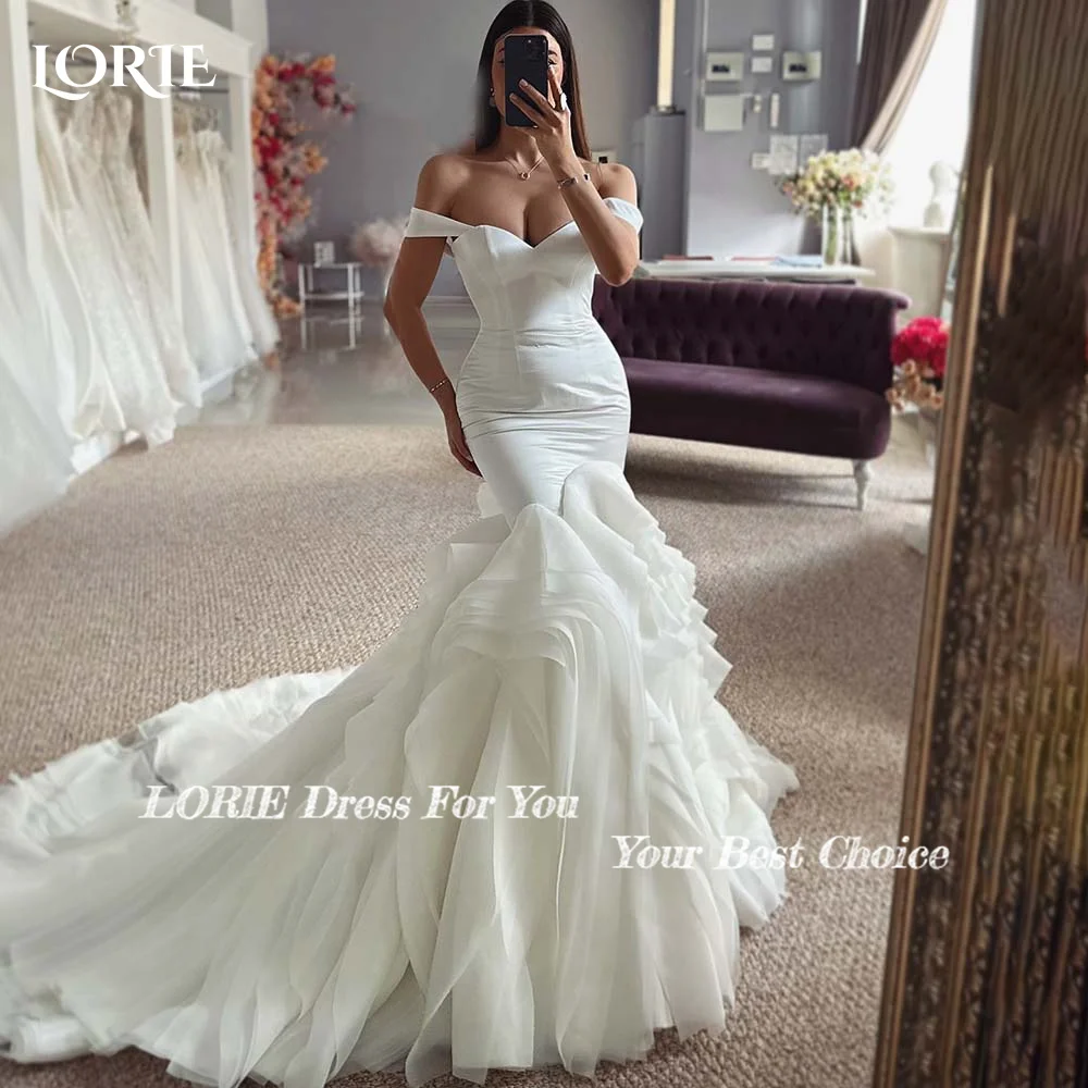 LORIE Vintage Satin Wedding Dresses Pleats Mermaid A-Line Off Shouder Bridal Gowns Elegant Princess Solid Bride Dress Customized 2