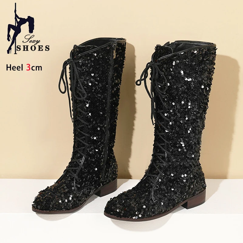 Shiny Sequin Mid-Calf Boots For Women's 3CM Low Heels Exotic Club Dance Shoes 2024 Autumn New Lace-up Ladies Boots Party Shoes