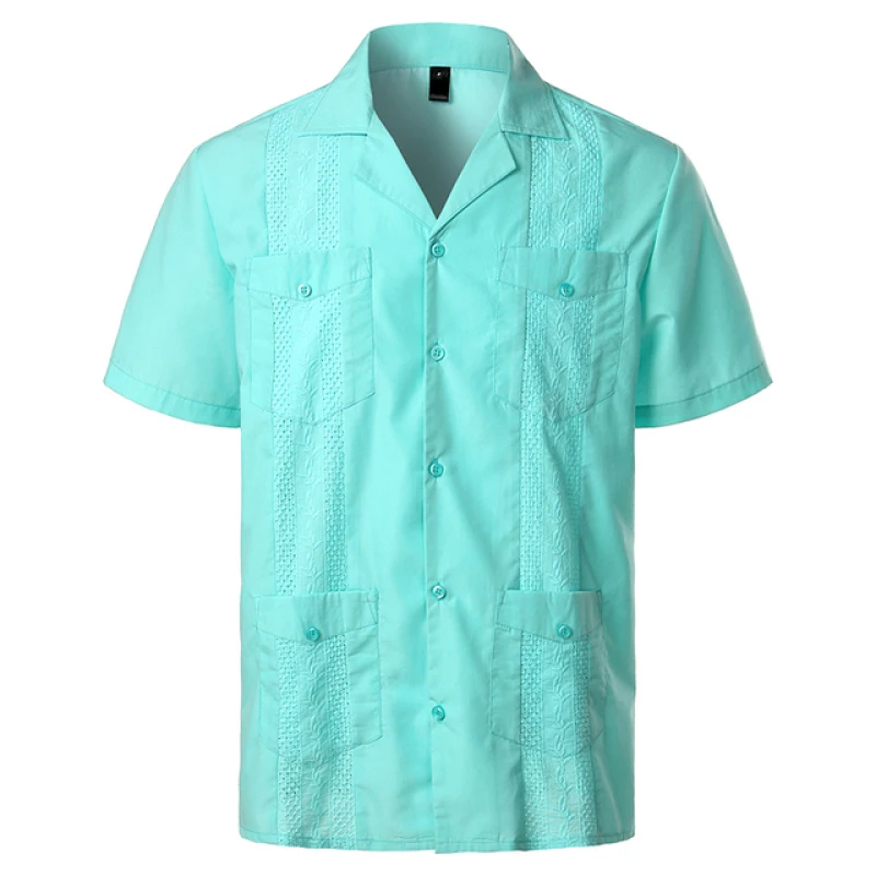 

Men's Cross Dyed Guayabera Woven Button-Down solid Shirt Short Sleeve Embroidered Traditional Cuban Shirt with Revere Collar 4XL
