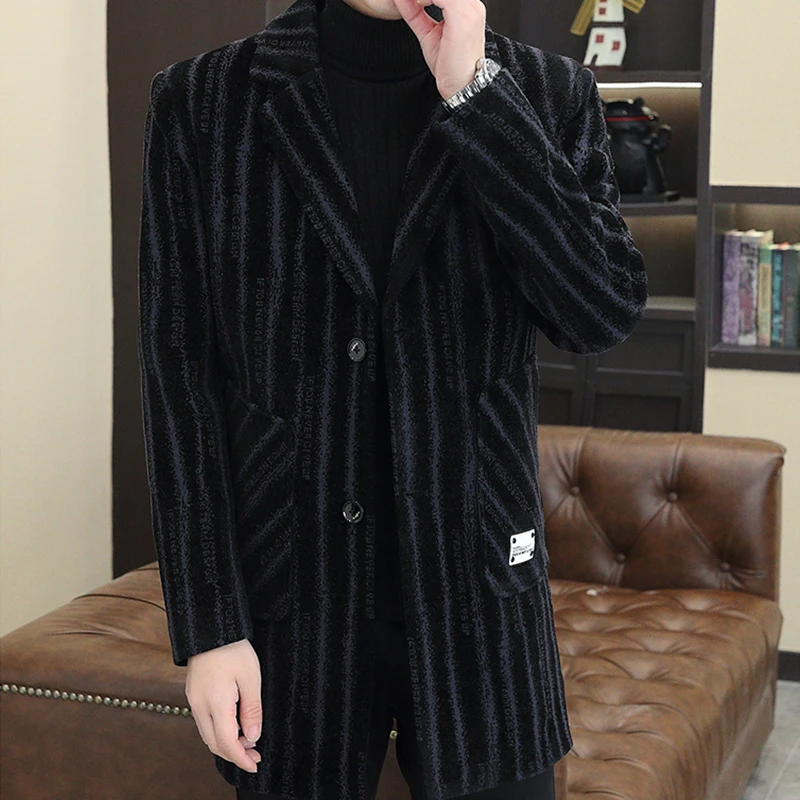 남성용 두꺼운 중간 길이 줄무늬 플러시 모직 코트, 캐쥬얼 스트리트웨어 상의, 플리스 오버코트, 따뜻한 바람막이 재킷, 2024 겨울